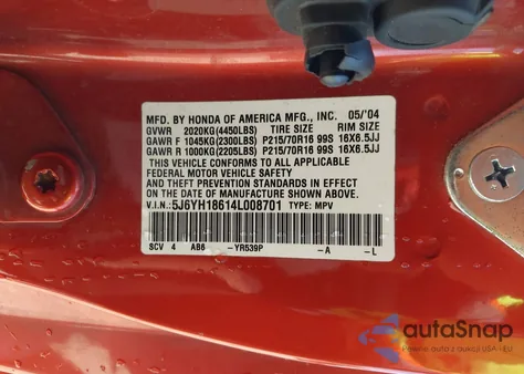 2004 Honda Element Ex from USA, damaged, VIN 5J6YH18614L008701
